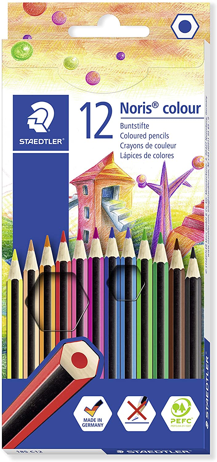 Staedtler Noris Colour 185 Pack de 12 Lapices de Colores Hexagonales - Fabricados en WOPEX - Muy Resistentes - Madera de Fuentes Sostenibles - Colores Surtidos